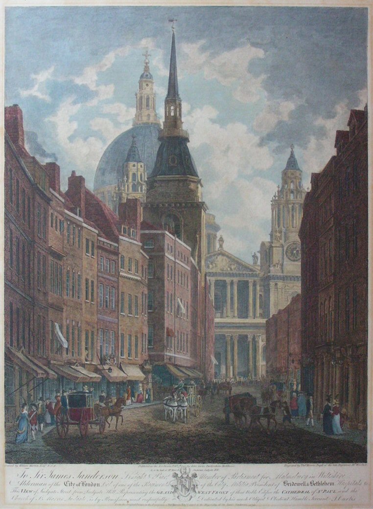Print - View of Ludgate Street from Ludgate Hill Representing the Grand West Front of that noble Edifice the Cathedral of St Paul and the Church of St Martin Ludgate - Morris